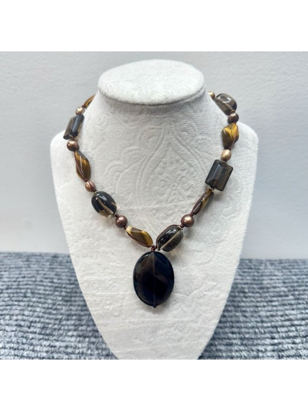 Vintage Beaded Statement Necklace Pendant Brown Tiger Eye Smoky Quartz Chunky